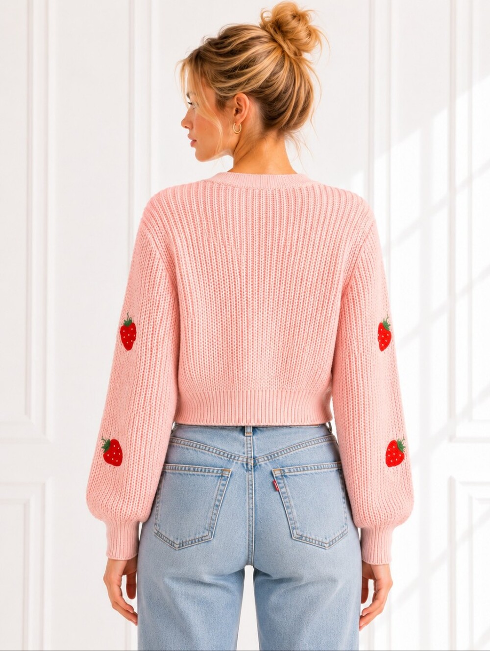 Strawberry Button Front Knit Cardigan Sweater Pink Cropped Cottagecore Size M - Picture 2 of 8